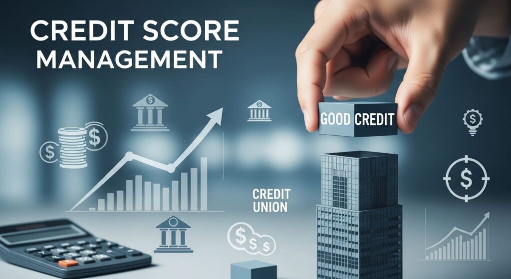 2025년 신용점수 관리 전략 - 금융 혜택 늘리는 법 2 신용 점수를 상징하는 블록을 쌓아 올리는 손과 안정적인 금융 타워, 배경에는 금융 그래프와 건물이 보이는 이미지. '2025년 신용 점수 관리'를 시각적으로 나타냅니다.