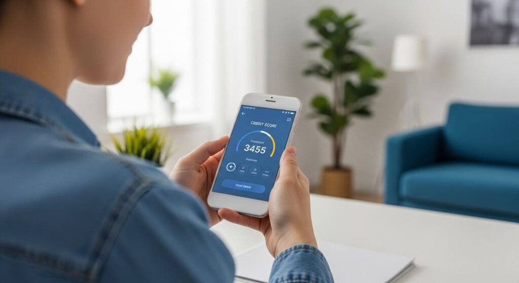 2025년 신용점수 관리 전략 - 금융 혜택 늘리는 법 4 스마트폰으로 모바일 뱅킹 앱을 통해 신용 점수를 확인하며 만족스러워하는 사람의 모습. 손쉽게 신용 점수를 관리하는 장면을 나타냅니다.