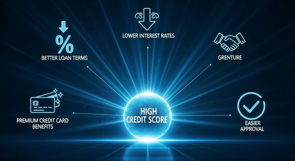 2025년 신용점수 관리 전략 - 금융 혜택 늘리는 법 5 높은 신용 점수에서 파생되는 다양한 금융 혜택들을 시각적으로 표현한 이미지. 낮은 대출 금리, 신용카드 혜택, 쉬운 대출 승인 등의 이점을 보여줍니다.