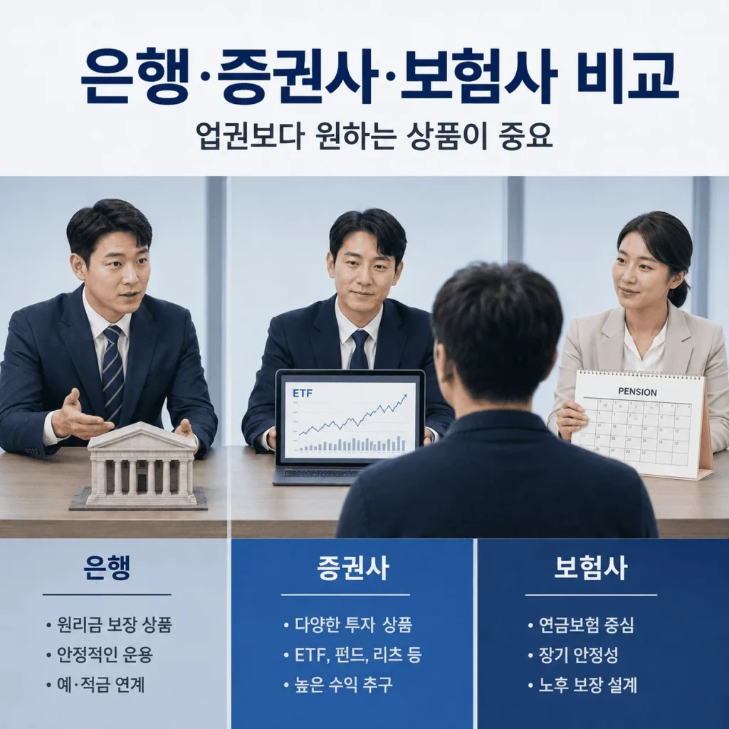 IRP 계좌 선택 기준|은행·증권사 수수료와 상품·연금수령 비교 3 IRP는 은행·증권사·보험사 중 어디서 만들까요?